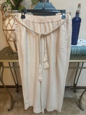 Matilda Jane Cream Wide-Leg High-Rise Drawstring Pants With Pockets & Belt Sz M